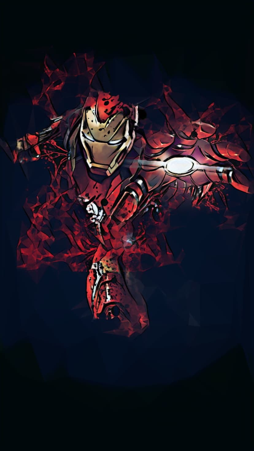 Iron Man armor glows with fiery red highlights against a dark backdrop in a stylized geometric portrait.