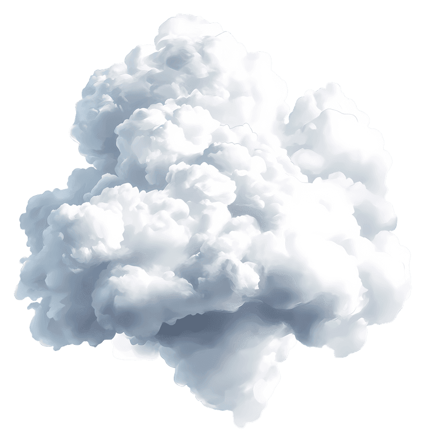 White fluffy cloud with soft vaporous edges floats against a transparent background with realistic texture.