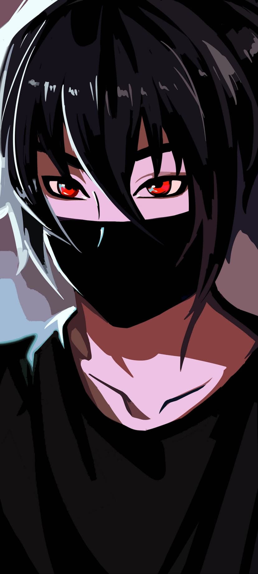 Masked anime character with glowing red eyes and black hair peering through shadows in a vertical portrait.