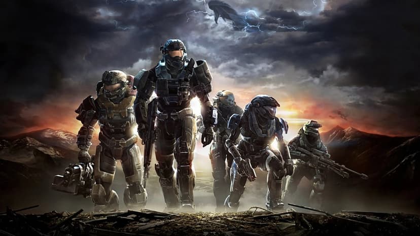 Armored Spartan soldiers walk across a battlefield under a stormy sky with lightning and a distant sun.
