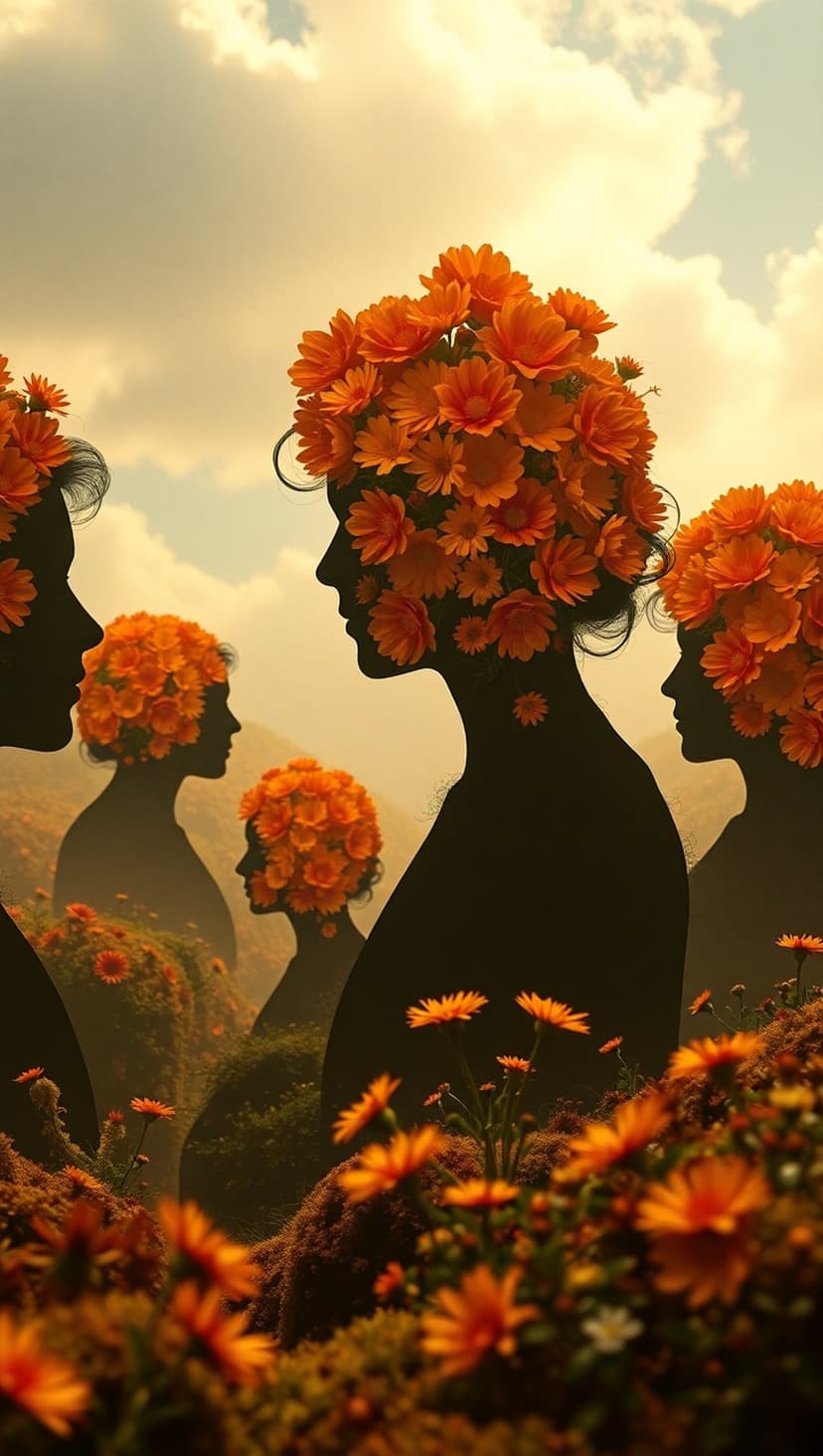 Women's profiles with orange flower hair stand against a golden hazy sky and dense botanical foreground.