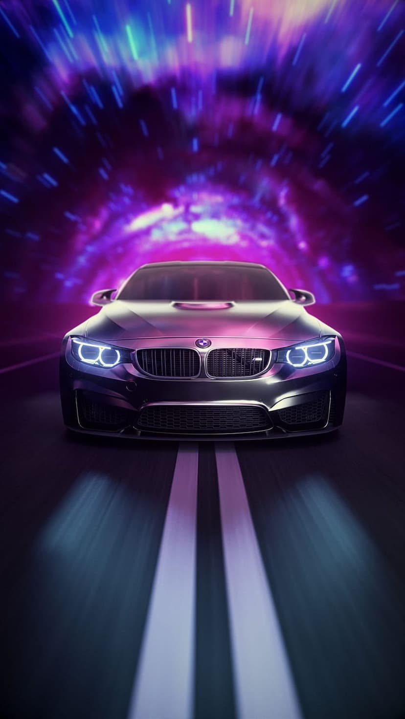 BMW M4 sports car with glowing headlights racing through a purple neon tunnel with dramatic motion blur streaks.