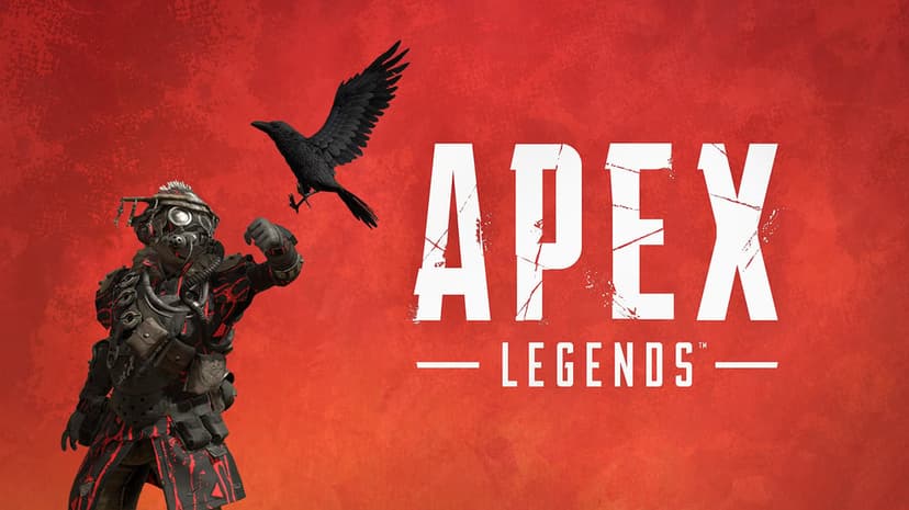 Bloodhound in tactical gear stands next to a flying black crow on a textured red Apex Legends background.