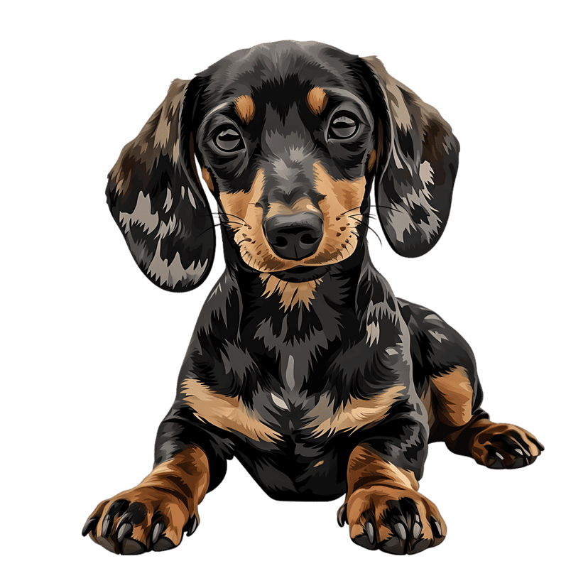 Black and tan dachshund puppy vector illustration in a lying pose with large eyes on a dark background.