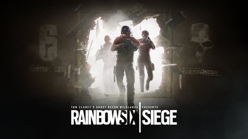 Three tactical operators emerge from a glowing breach in a dark wall amidst flying debris and dust.