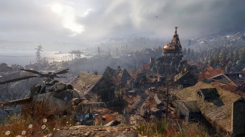 Crashed military helicopter in a post-apocalyptic mountain village with a golden dome church and a dam.