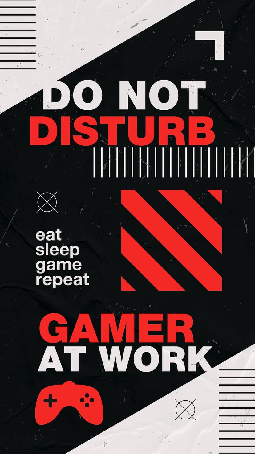 Red game controller icon centered between bold gamer warning text on a distressed black and white textured surface.