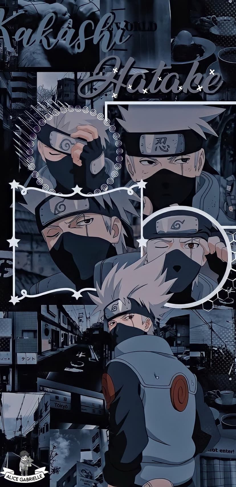 Kakashi Hatake wearing a ninja mask and headband in a dark collage with a city skyline and stylized text.