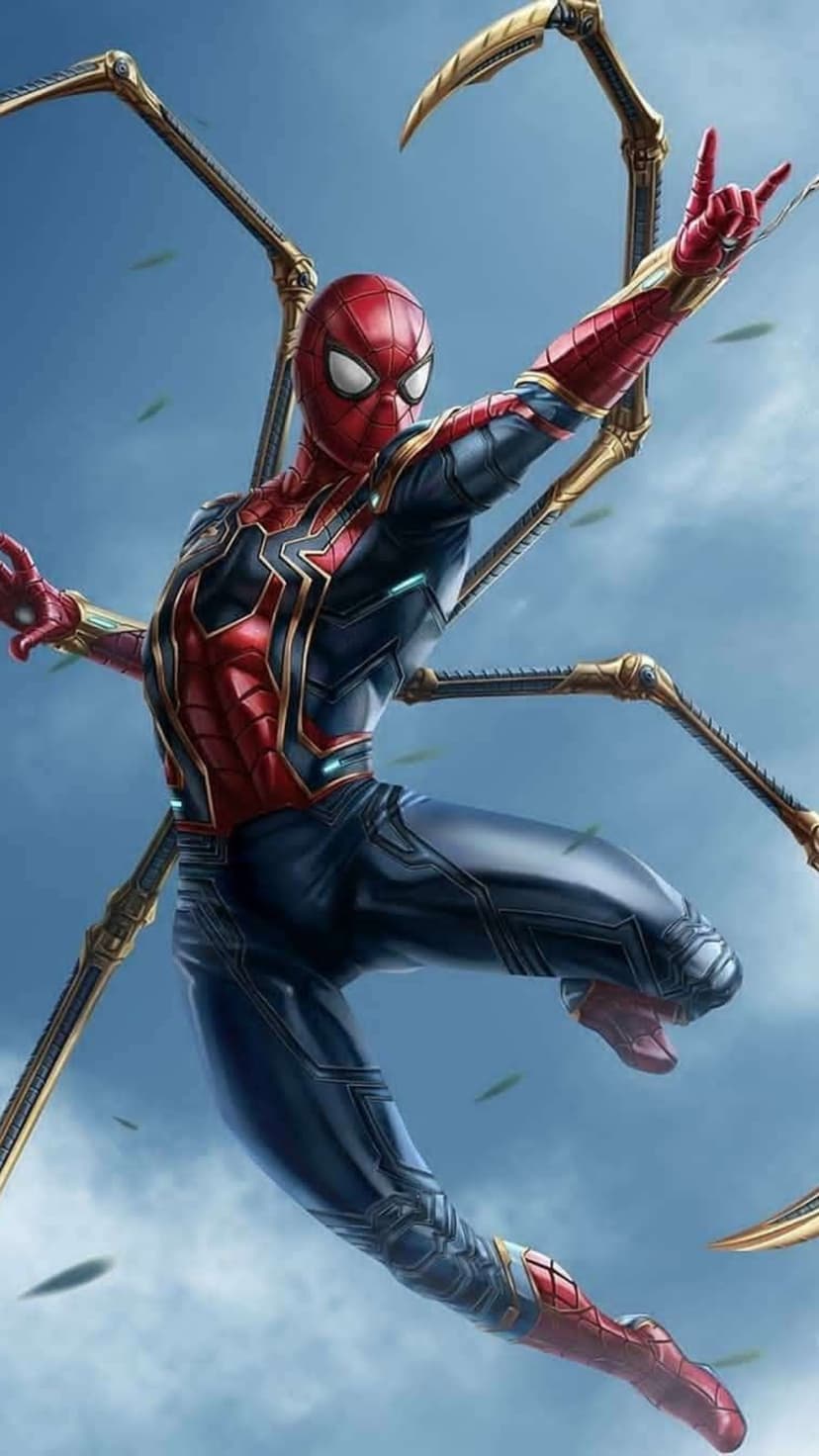 Spider-Man in red and gold metallic armor with mechanical legs swings across a bright blue sky with white clouds.