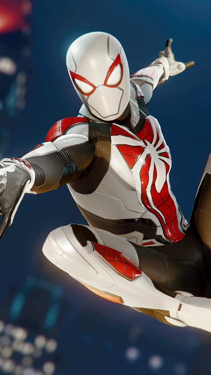 Spider-Man in a white and red armored suit mid-leap against a dark urban backdrop with blurred street lights.