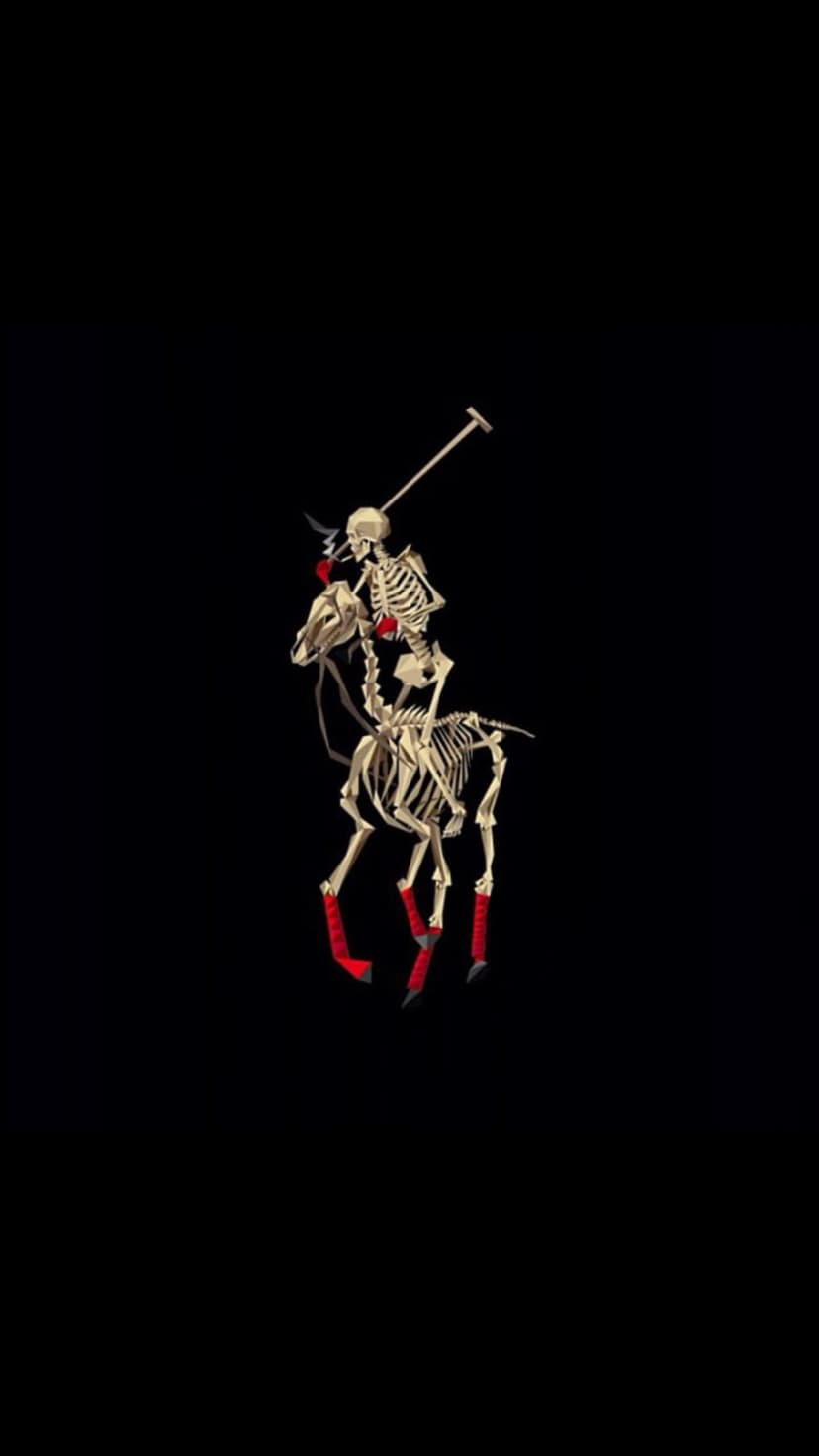 Skeleton polo player on a skeletal horse with red leg accents against a black background holding a mallet.