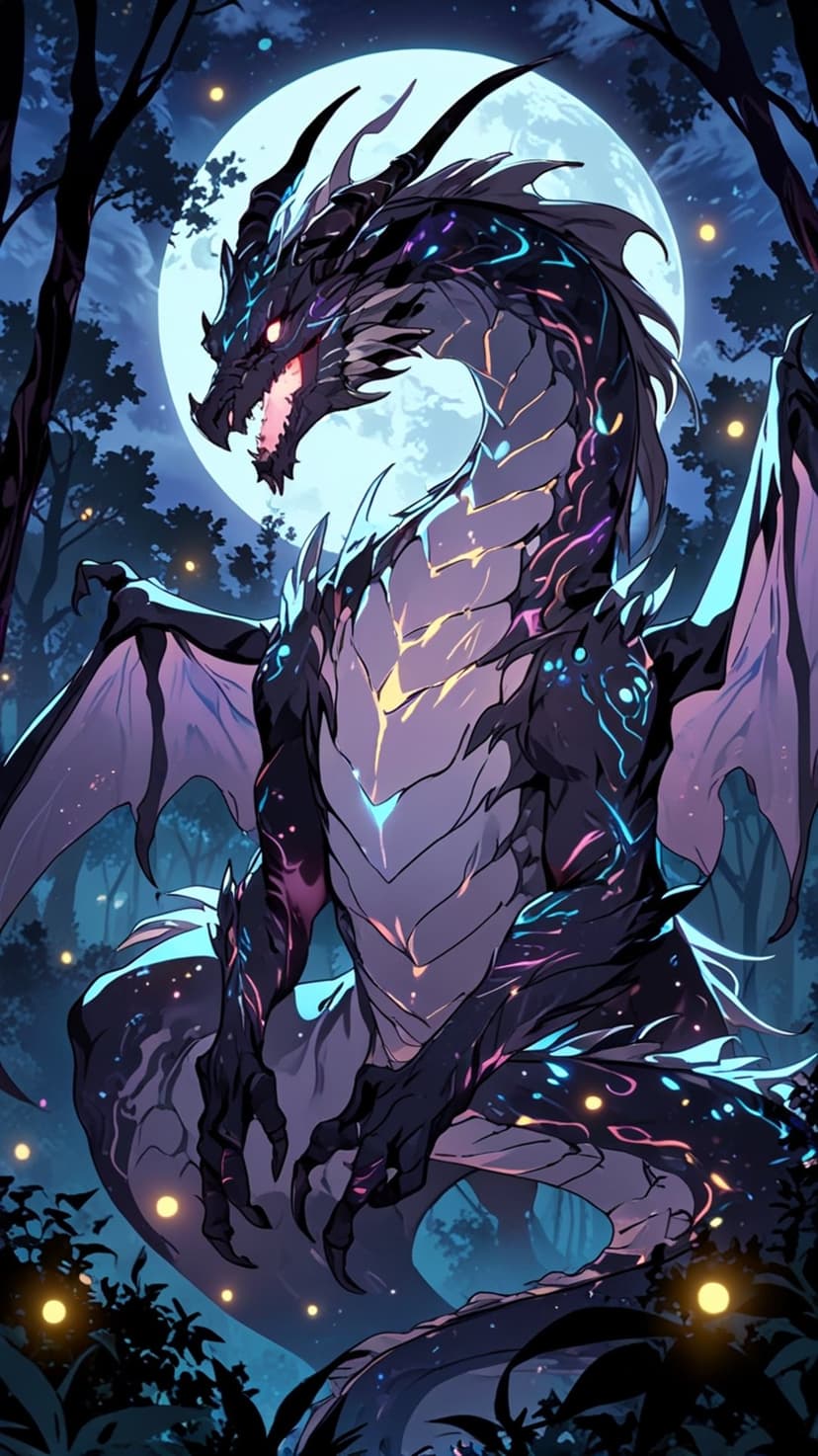 Cosmic dragon with glowing scales stands in a dark forest illuminated by a large full moon and floating orbs.