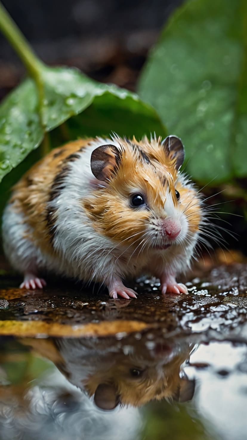 Orange and white hamster with wet fur looks into a water reflection surrounded by green leaves on damp soil.