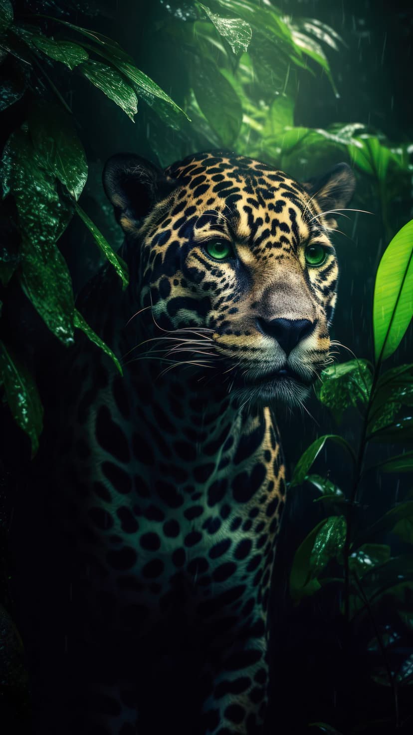 Jaguar with piercing green eyes peeking through wet rainforest foliage in a dark, moody vertical composition.