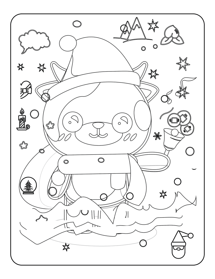 Winter cat coloring page featuring a kitten in a Santa hat, stars, snow globe, and lit candle in line art.