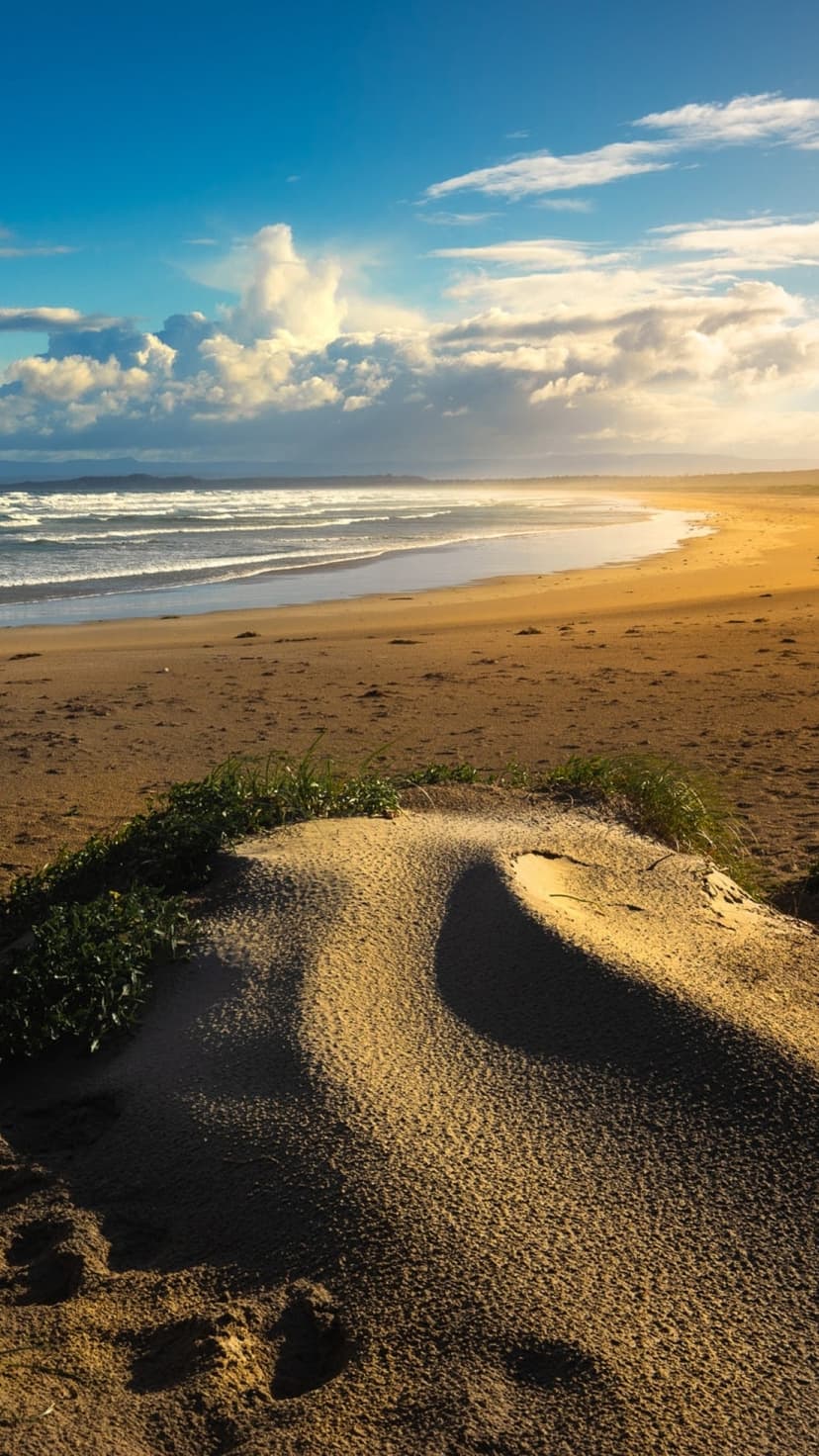 Grassy sand dunes lead to a calm ocean shore under a vibrant orange and blue sunset sky with soft clouds.