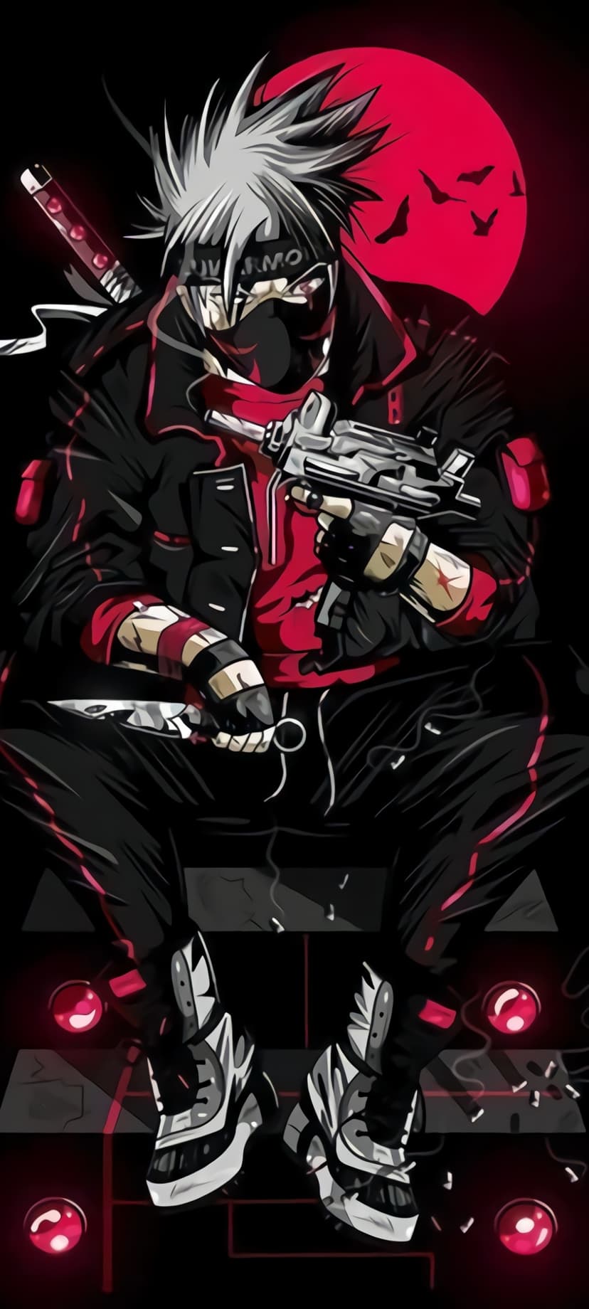 White-haired masked warrior holding a submachine gun and knife against a glowing red moon with bird silhouettes.