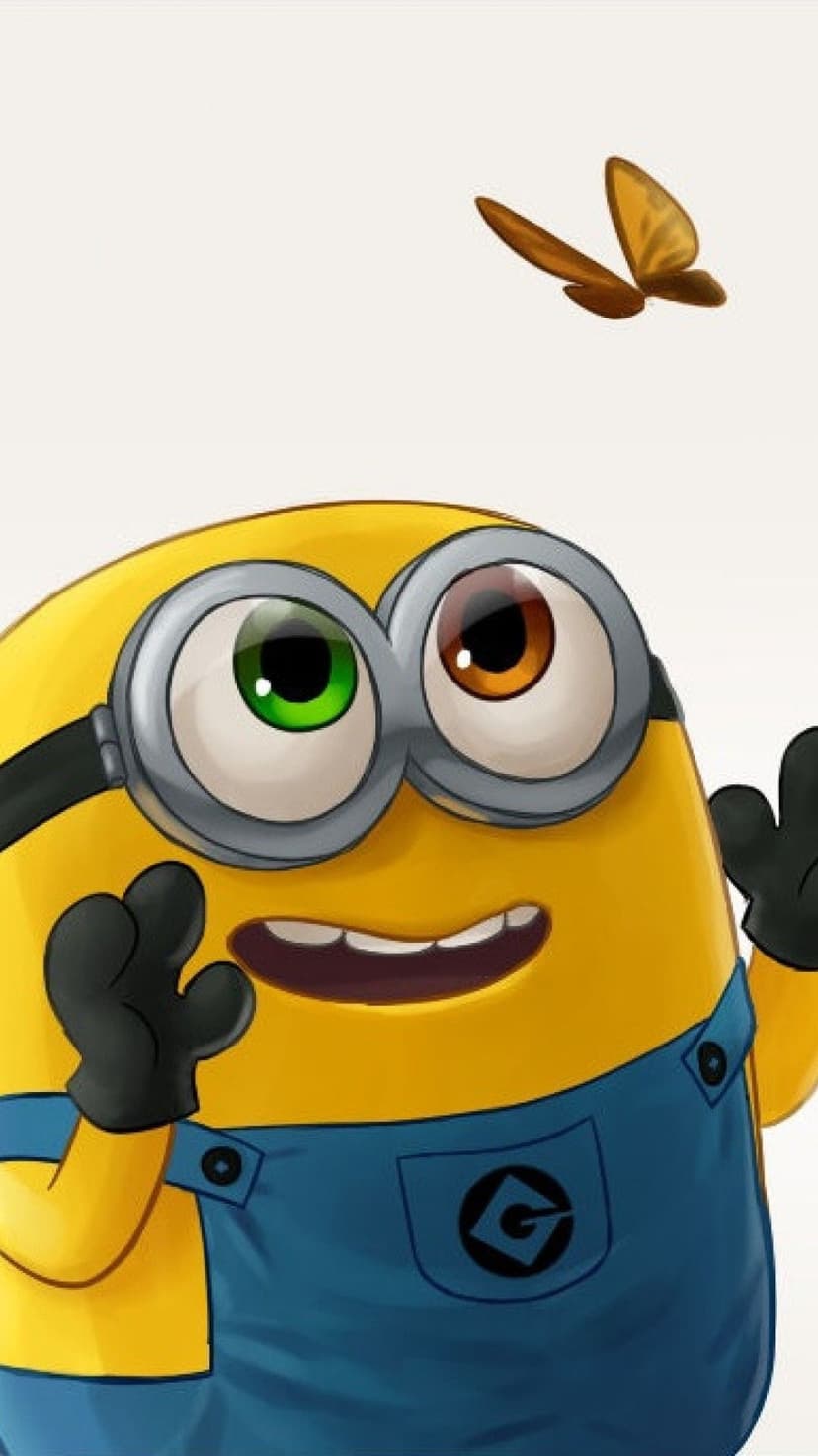 Minion with green and brown eyes smiles at a brown butterfly against a solid white background in high detail.