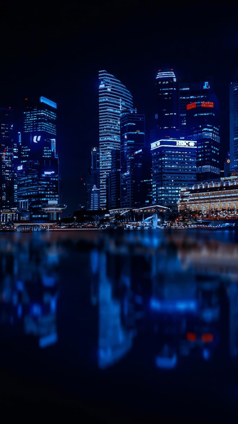 Blue illuminated skyscrapers reflected in calm harbor water under a dark night sky for mobile backgrounds.