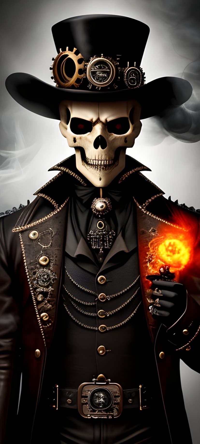 Steampunk skeleton in a top hat and leather coat holding a glowing orange orb with radiant light and energy.