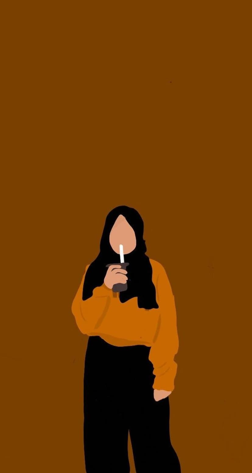 Faceless hijabi woman wearing an orange hoodie and black pants holding a dark cup against a warm brown background.