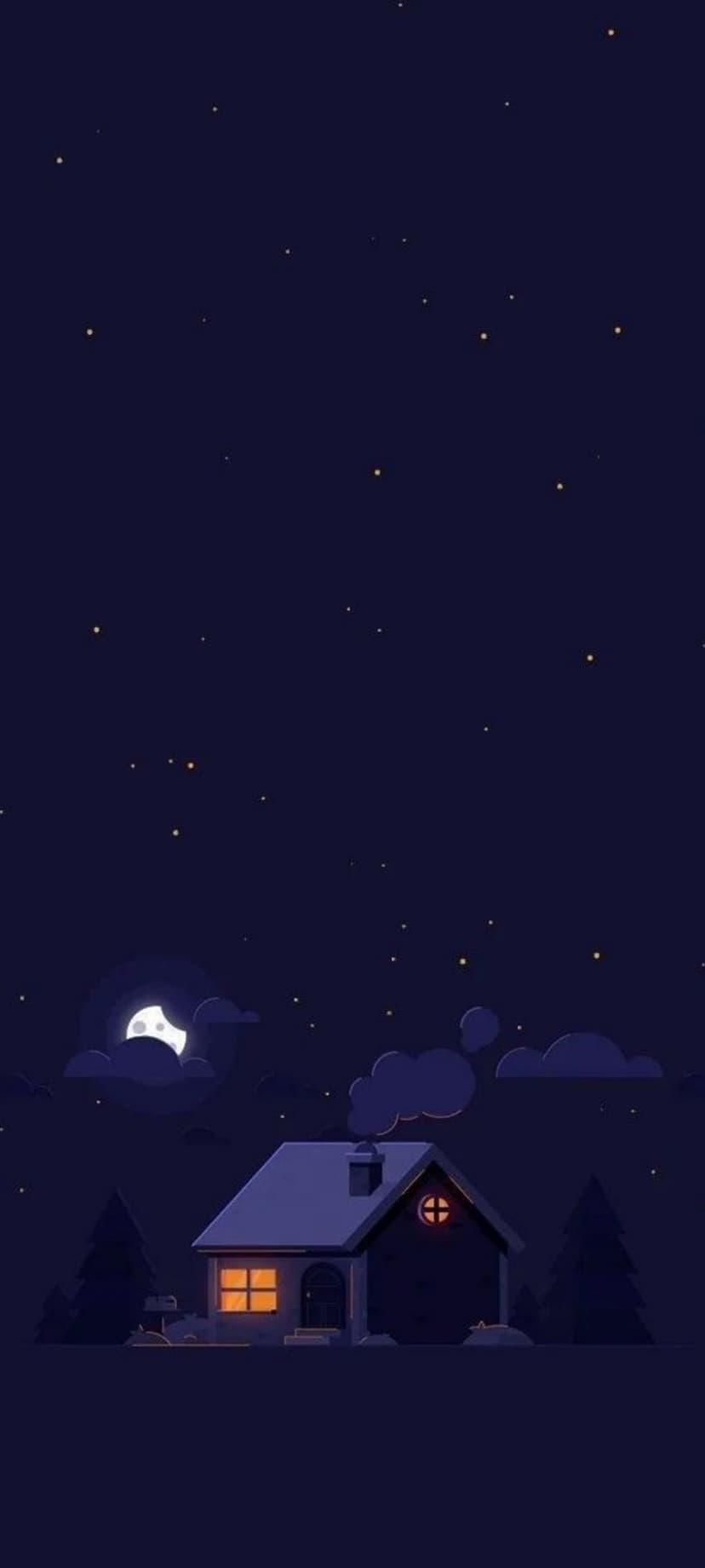 Small cottage with glowing yellow windows sits under a dark starry sky with a bright moon and drifting clouds.