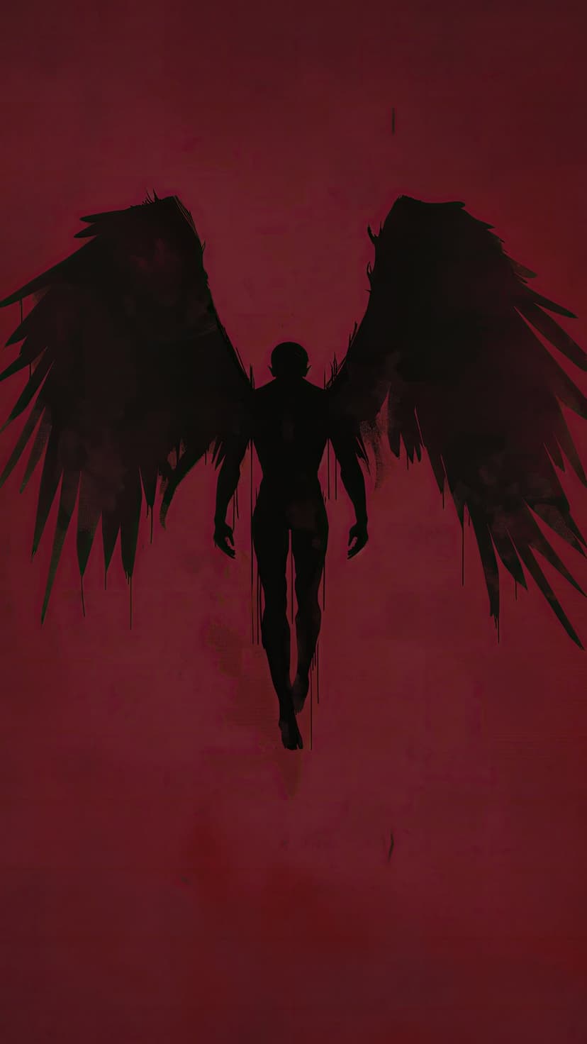 Black winged angel silhouette with dripping feathers stands against a textured deep red background surface.