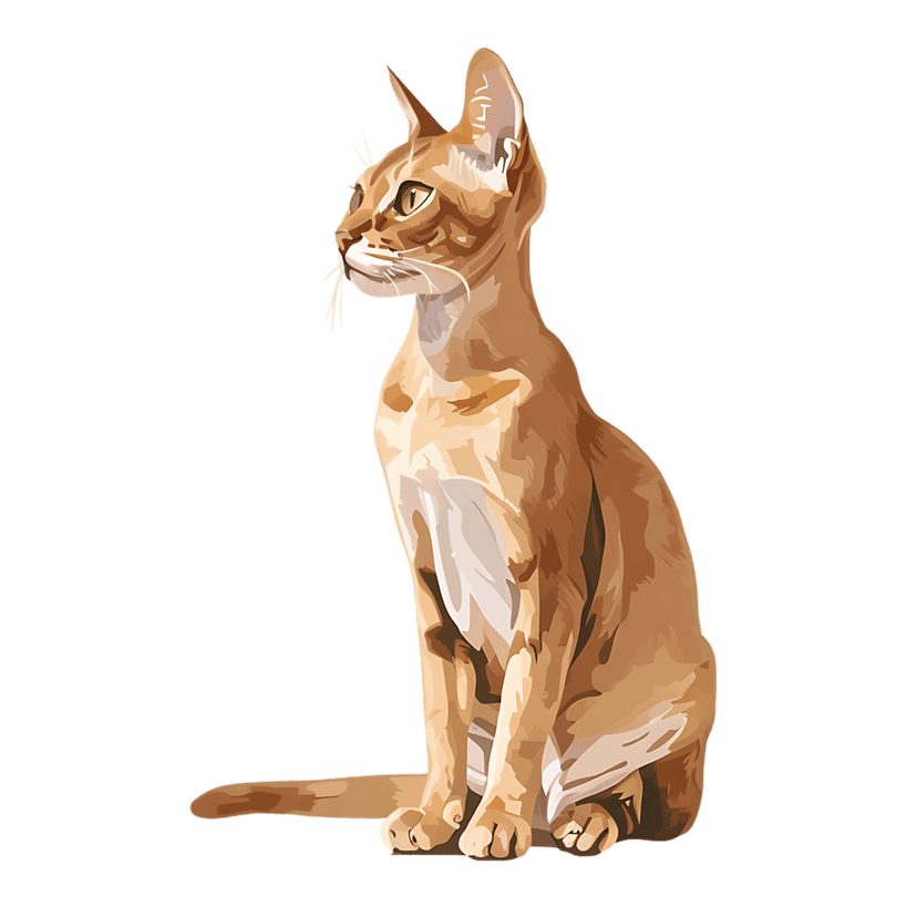 Abyssinian cat digital illustration displays a tawny feline profile with green eyes against a black background.