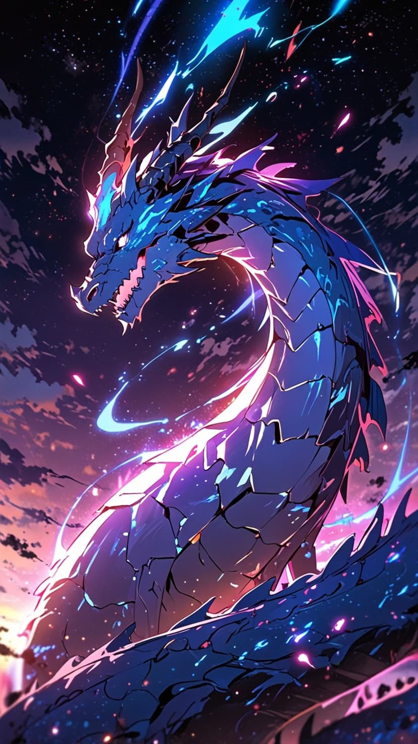Blue dragon with neon glowing scales flies through a purple and gold nebula filled with shimmering distant stars.