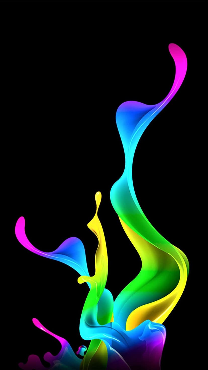 Luminous rainbow-colored swirls of light spiral against a solid black background in a fluid vertical composition.
