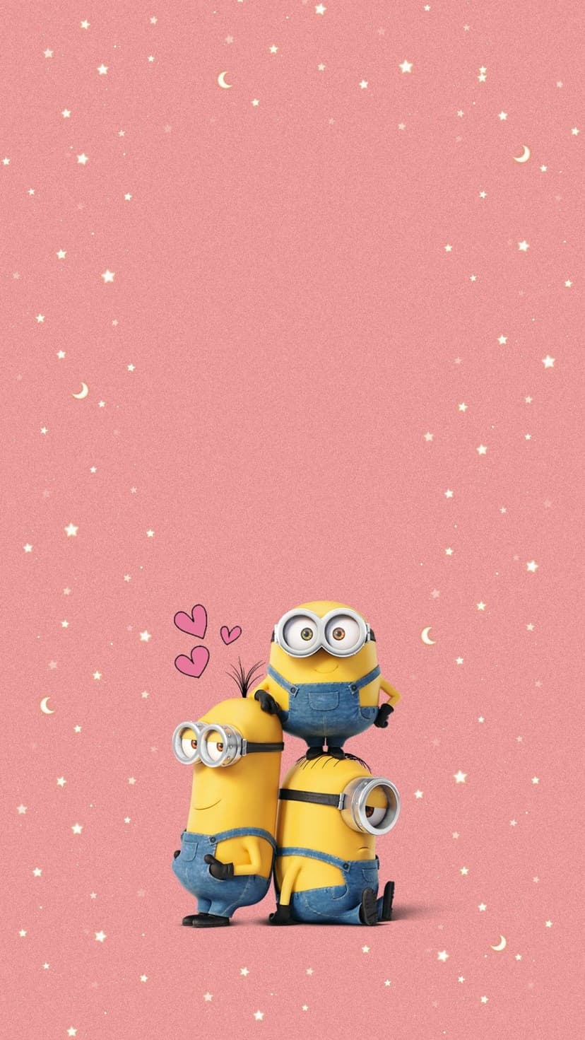 Three yellow Minions huddle together with red hearts floating above them on a pink star-filled background.