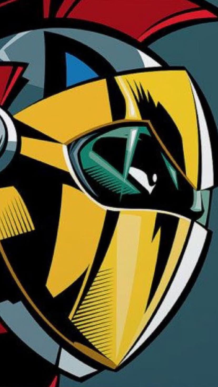 Yellow angular warrior helmet with a crimson crest and green glowing eye lens over a minimalist dark background.