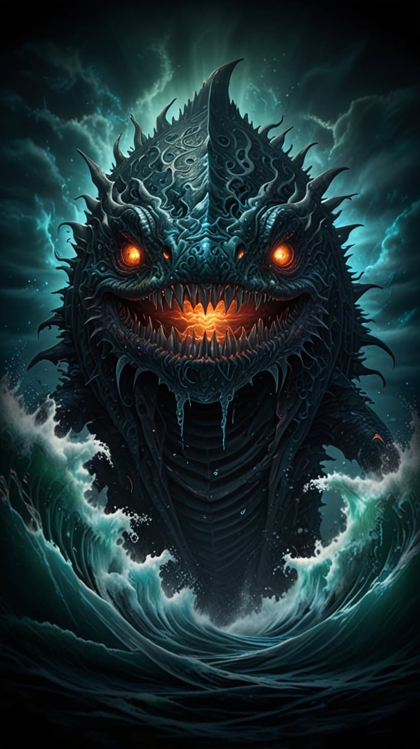 Leviathan with glowing orange eyes and sharp teeth emerges from dark green ocean waves under stormy skies.
