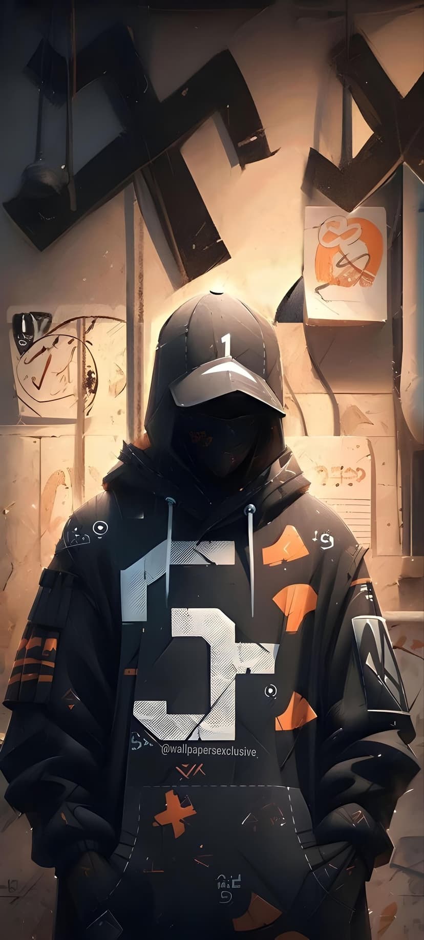 Person wearing a black hoodie and cap with numeric prints stands against a textured urban wall background.