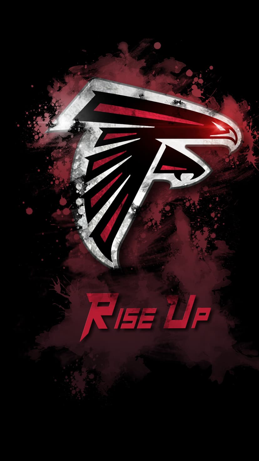Atlanta Falcons bird logo above Rise Up text with vibrant red paint splatters on a solid black background.