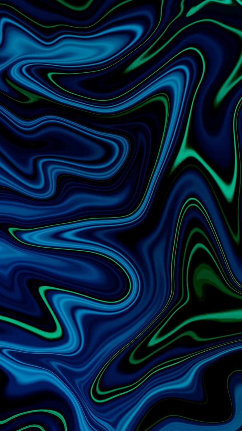 Swirling ribbons of glowing teal and sapphire blue interweave in a fluid motion against a dark, shadowy void.