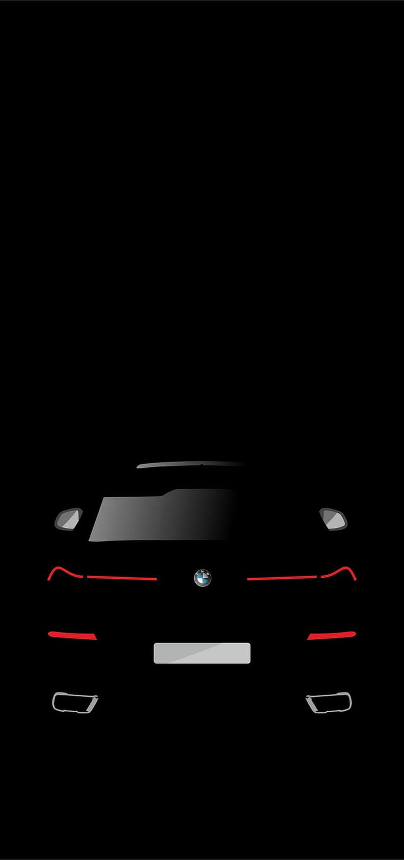 BMW rear tail lights and logo glow in red and blue against a solid black background in a minimalist style.