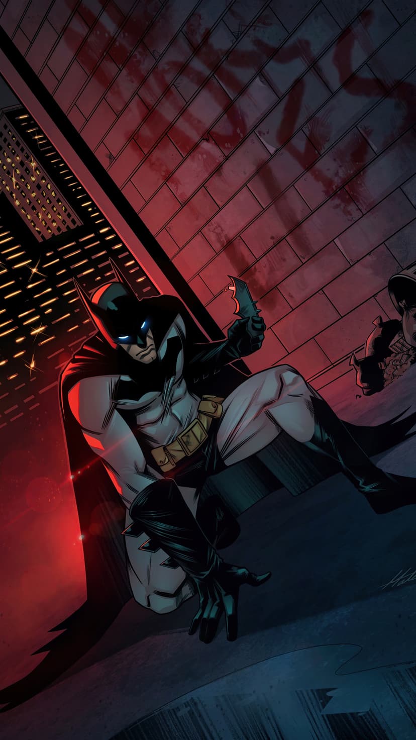 Batman crouches on a brick rooftop holding a Batarang under dramatic red light with a flowing black cape.