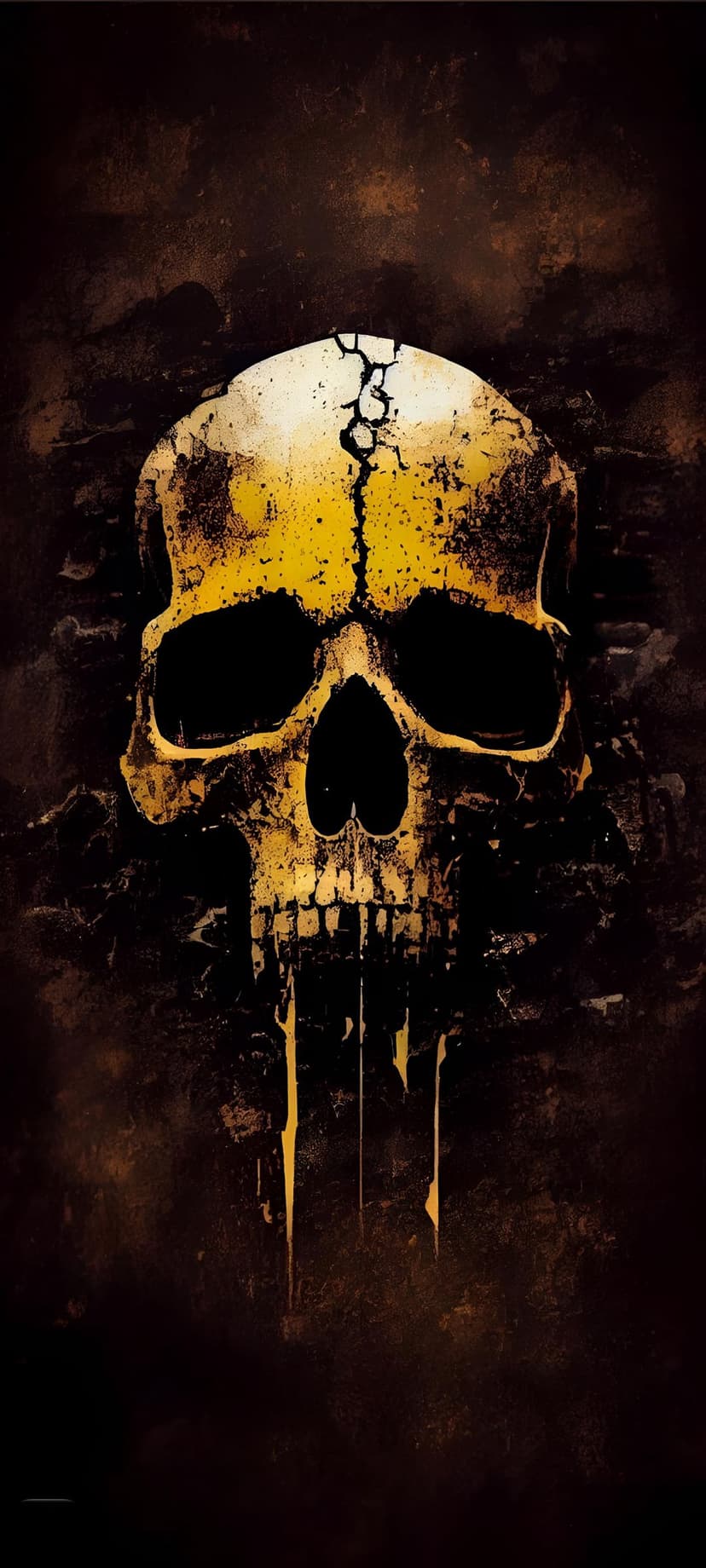 Cracked golden skull with liquid metal dripping from its features against a dark, textured grunge background.