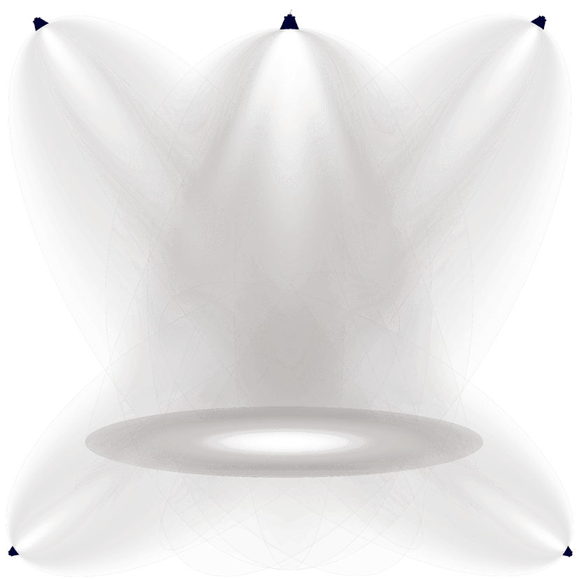 Symmetrical triangle stage lighting beams project five glowing spotlights creating sharp geometric ray patterns.