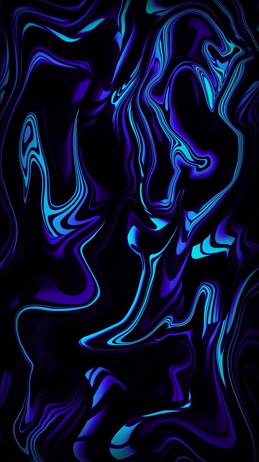 Neon blue and purple liquid swirls intertwine against a black backdrop with glowing light and fluid motion.
