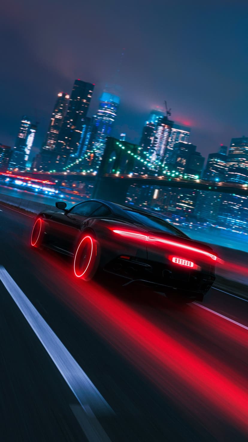 Black sports car with glowing red rims racing past blurry skyscrapers and neon signs on a dark urban highway.