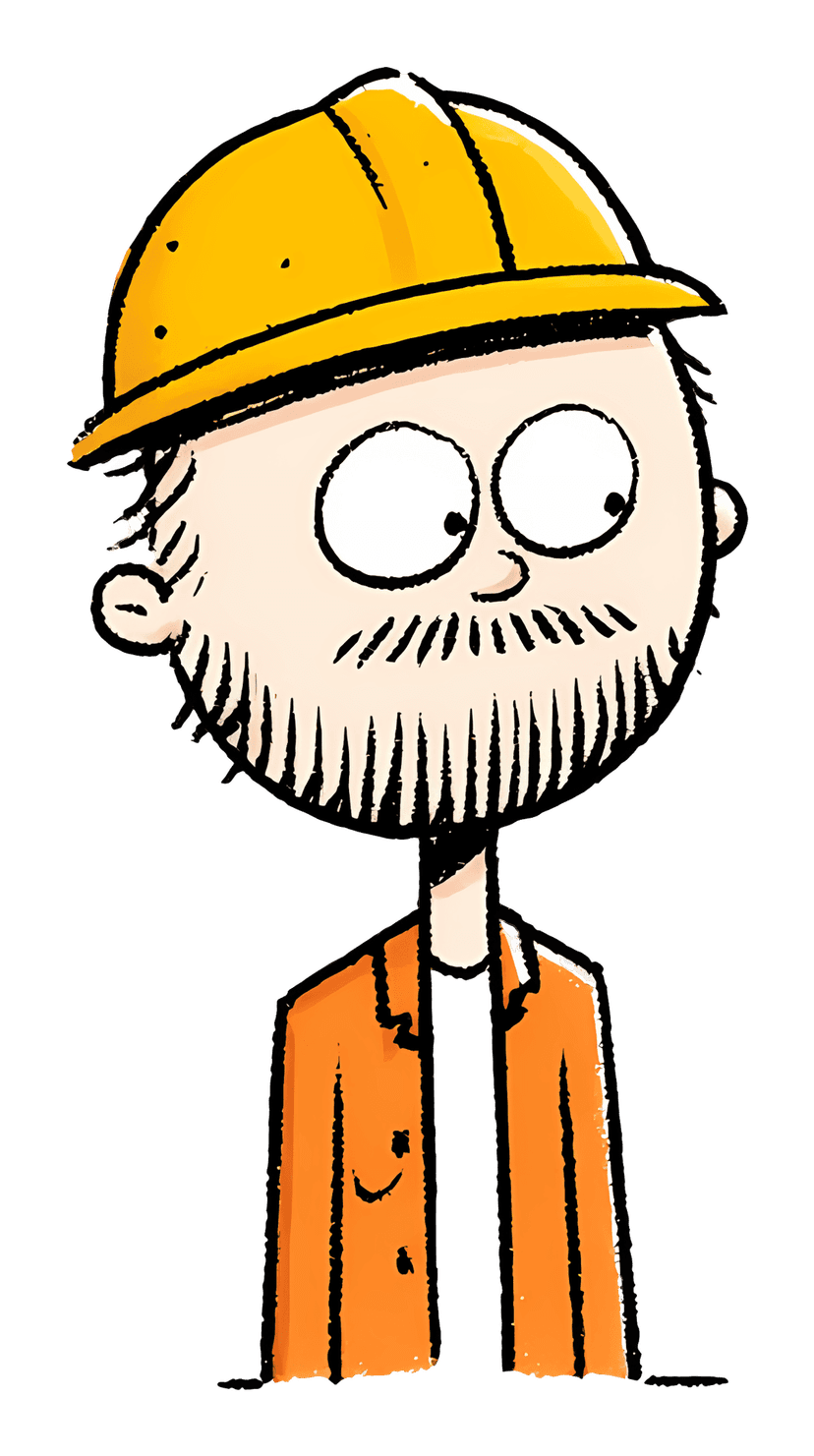 Bearded construction worker wearing a yellow safety helmet and orange jacket with a friendly, smiling expression.