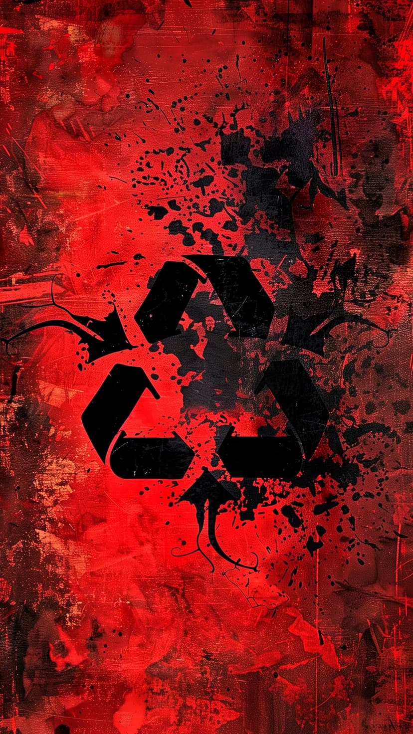 Black recycling symbol centered on a distressed background of vibrant red splatters and dark textured paint drips.
