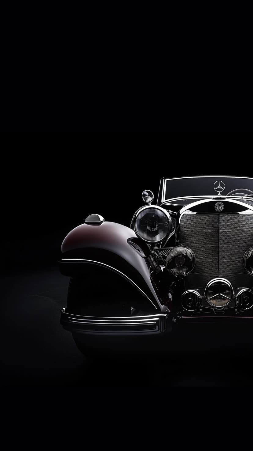 Vintage Mercedes-Benz convertible front view with shining chrome grille and headlights against a black background.