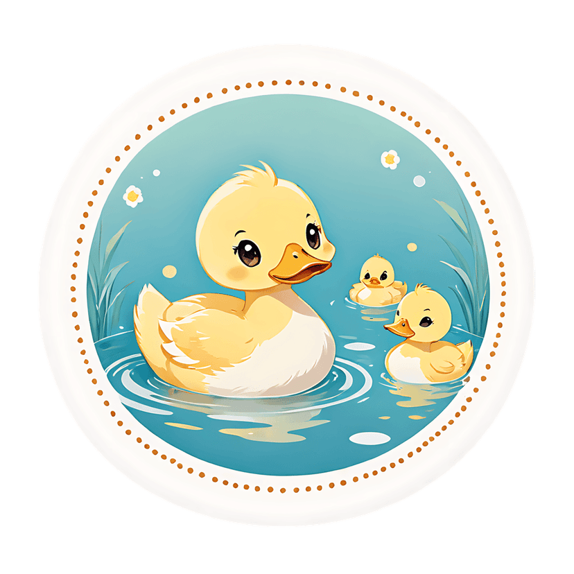 Yellow duck family sticker shows a mother duck and ducklings swimming in a pond with reeds and white flowers.