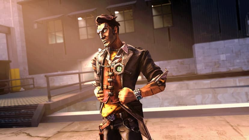 Handsome Jack in a grey coat standing in front of industrial buildings with warm sunset lighting.