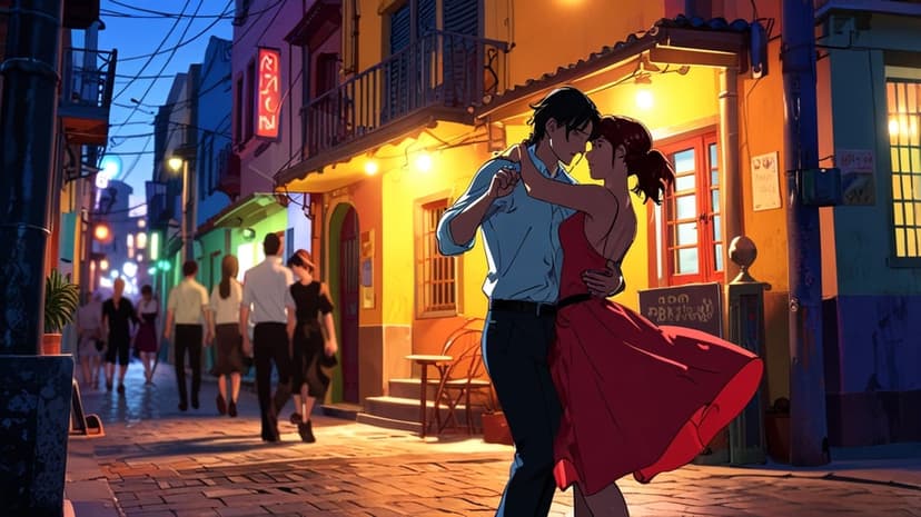 Tango dancers embrace on a dark cobblestone street under glowing lamps with pedestrians in the background.