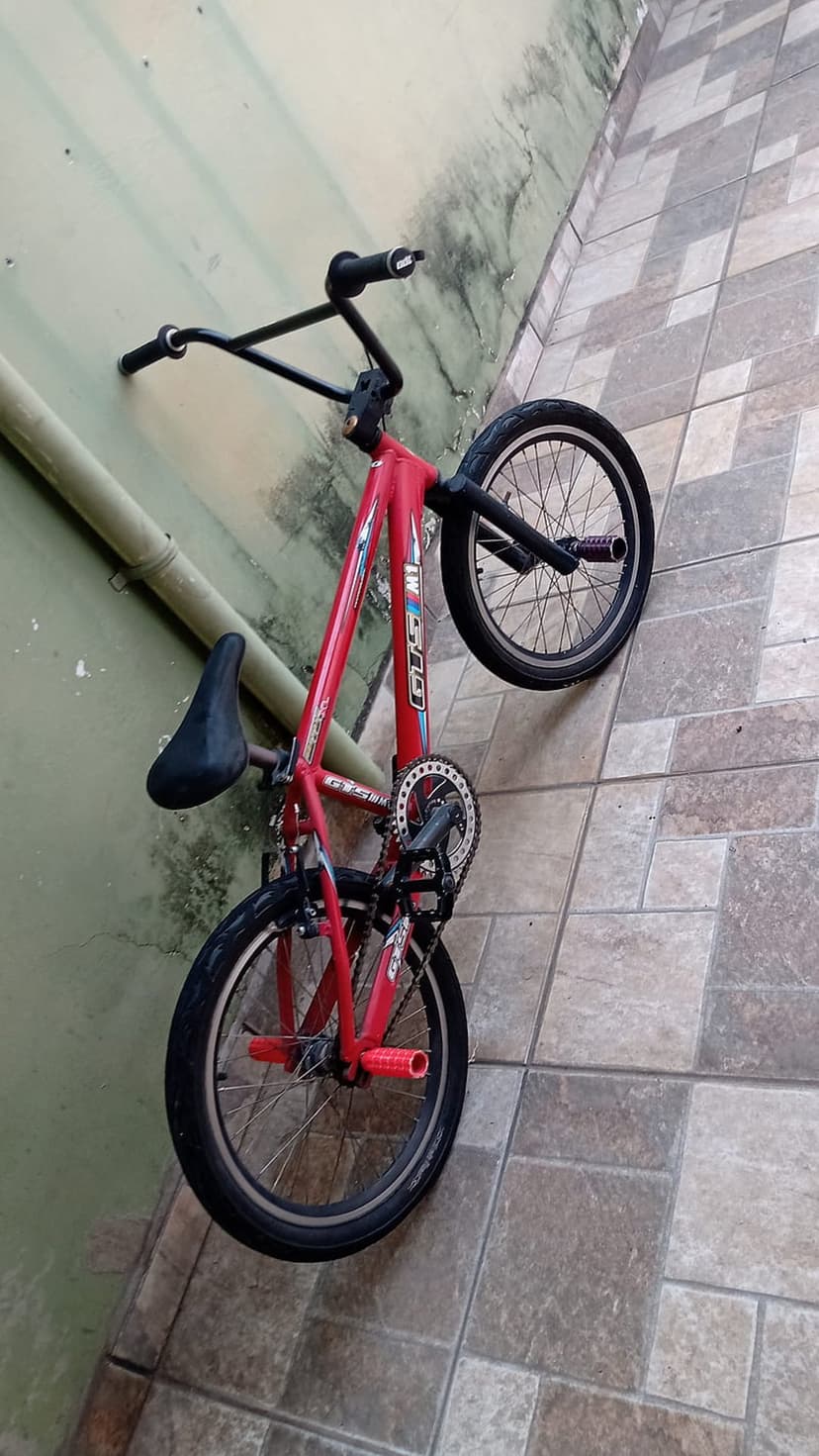 Red GT BMX bicycle leaning against a weathered sage green wall, featuring black pedals and a black seat.