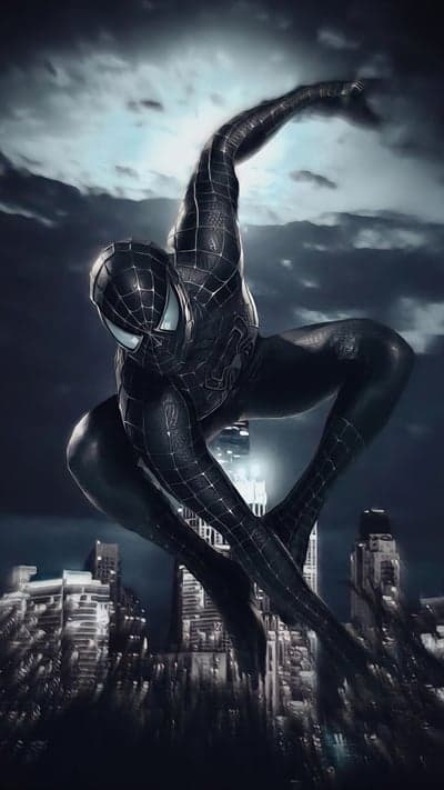 Black Spider-Man swings through a dark, cloudy city at night